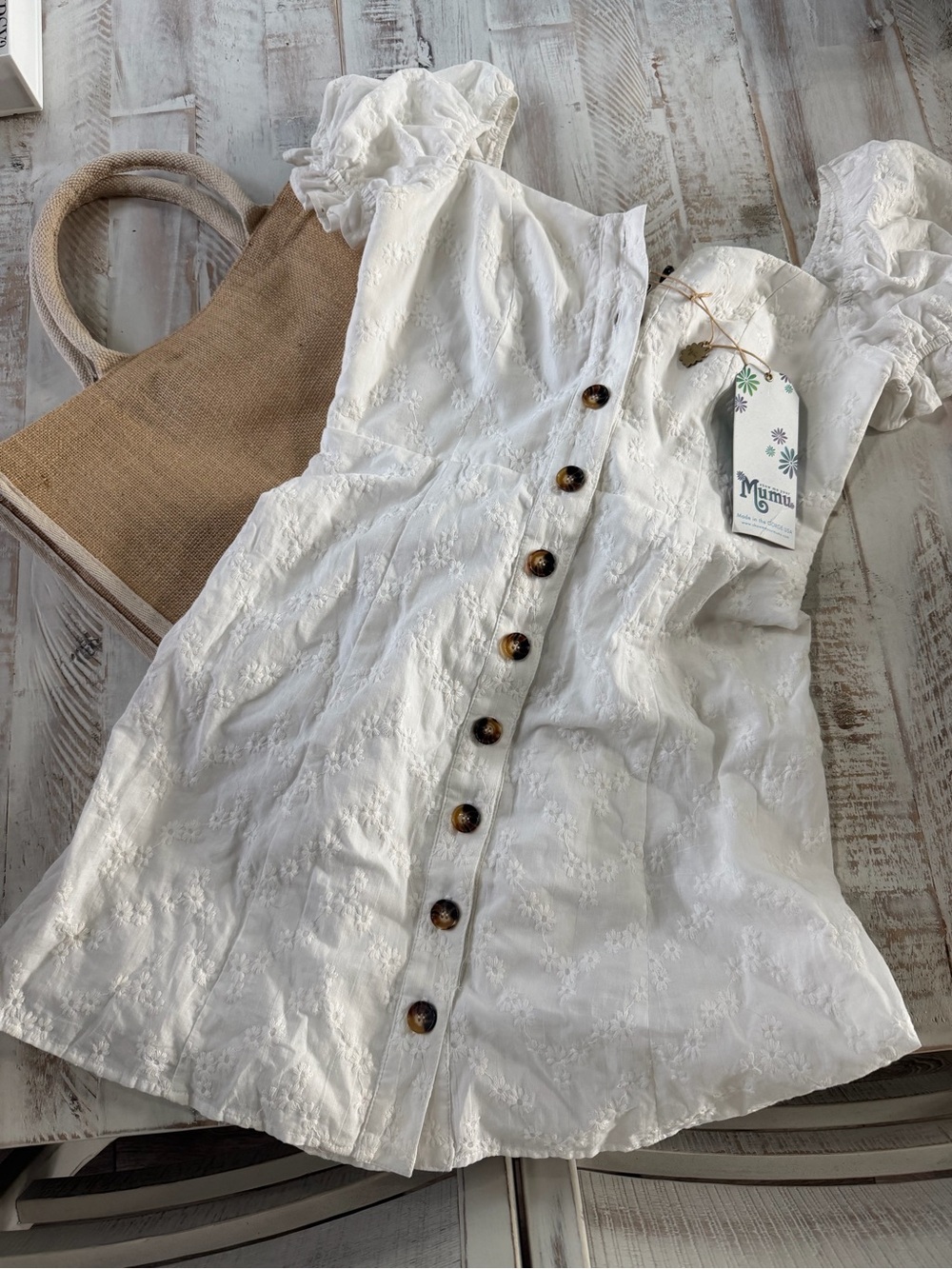 Show me your Mumu White Eyelet Button-Front mini dress